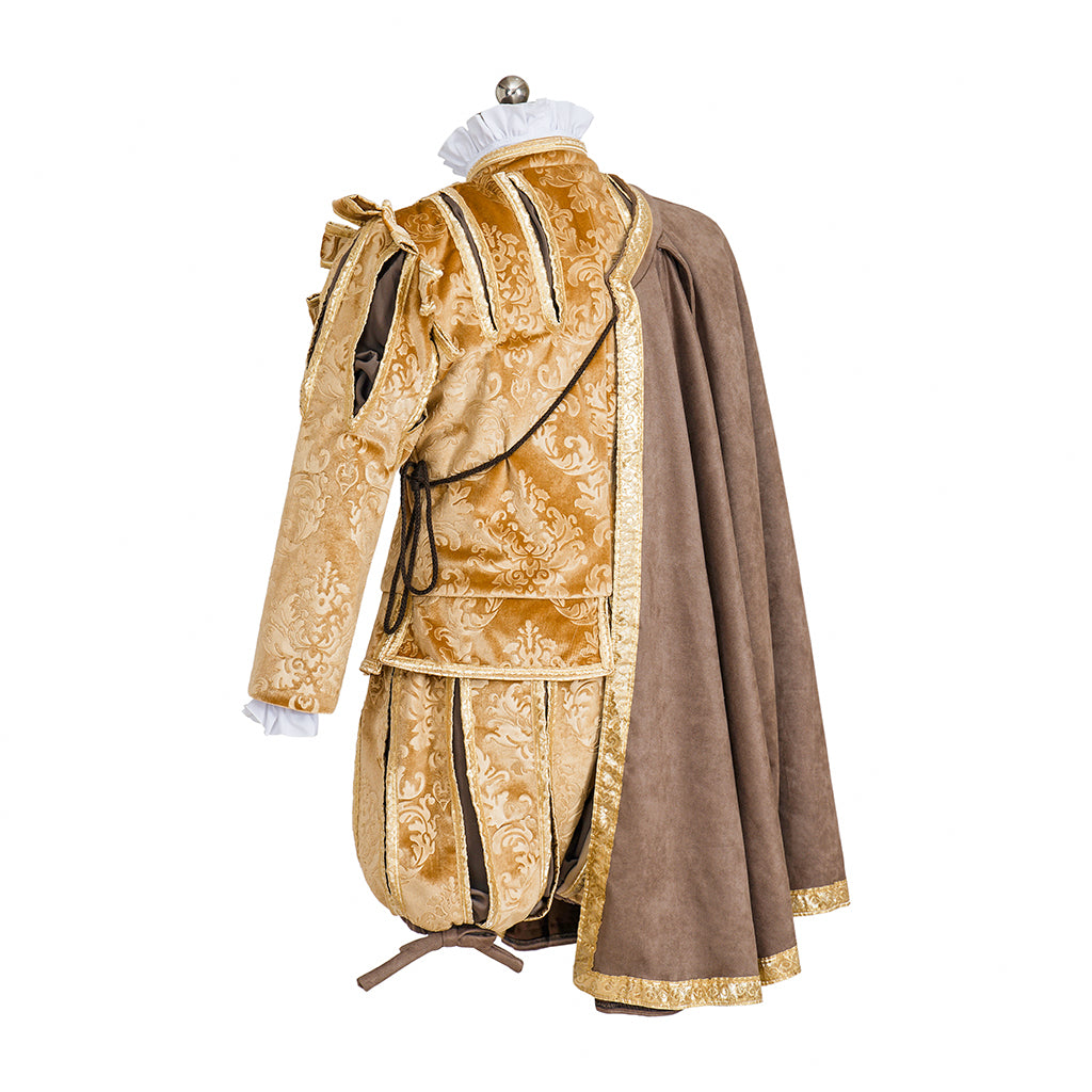 Medieval Style Gold Velvet Ornate Noble Ensemble with Caped Shoulder, Embroidered Detailing and Matching Hat for Historical Halloween Christmas