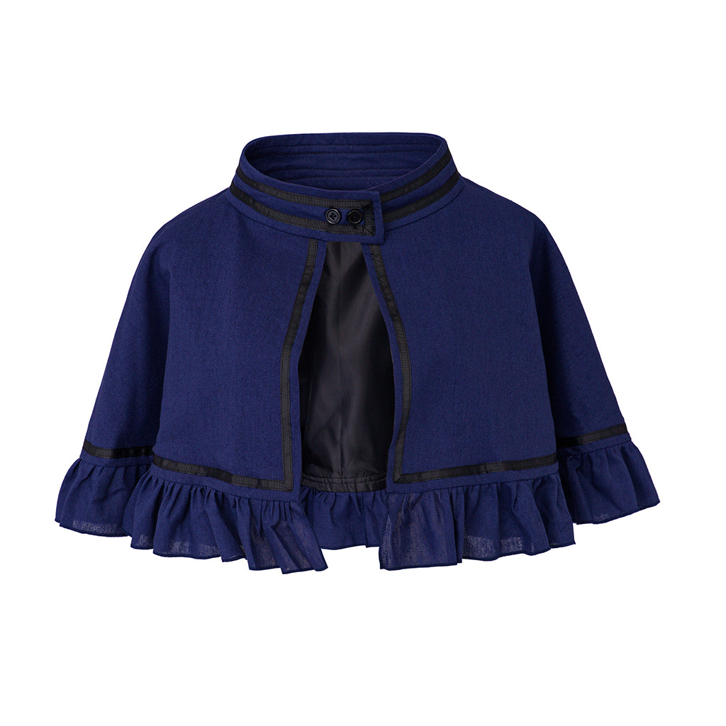 Medieval Style Navy Blue Cropped Cloak with Mandarin Collar and Black Ruffled Trim for Historical Reenactments Cosplay Events Halloween Christmas