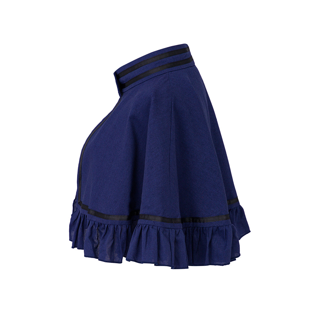 Medieval Style Navy Blue Cropped Cloak with Mandarin Collar and Black Ruffled Trim for Historical Reenactments Cosplay Events Halloween Christmas