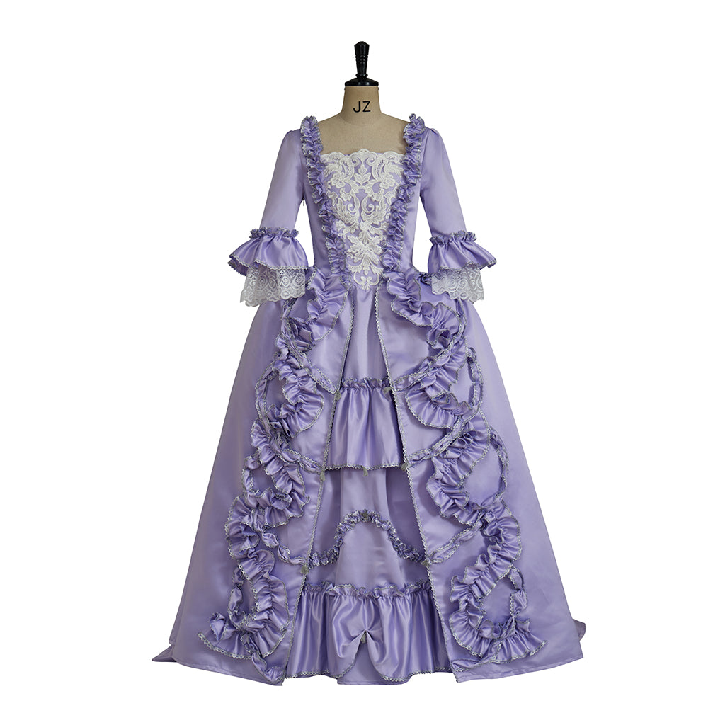 Rococo Style Lavender Gown with Tiered Ruffles and Puff Sleeves for Historical Reenactmentsl Court Themed Gatherings Halloween Christmas