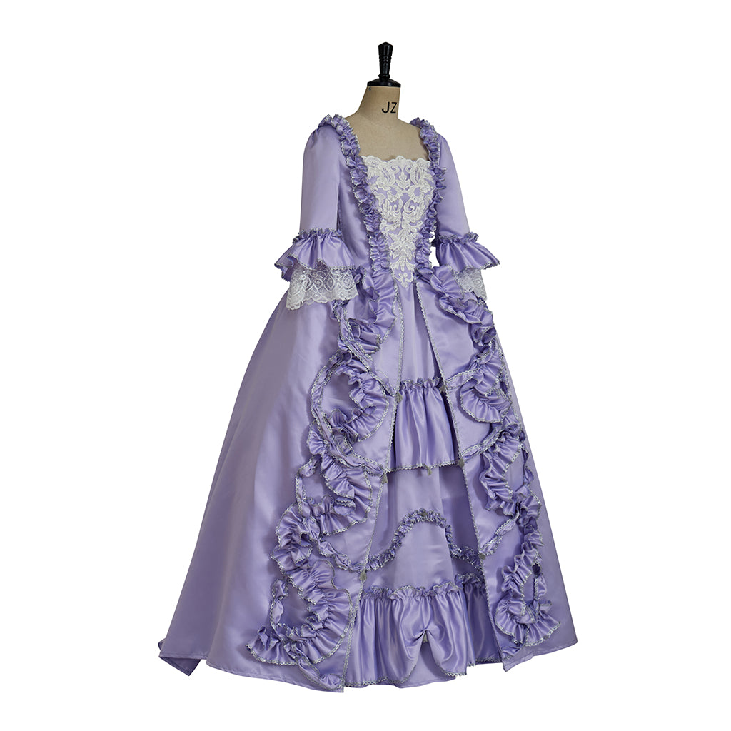 Rococo Style Lavender Gown with Tiered Ruffles and Puff Sleeves for Historical Reenactmentsl Court Themed Gatherings Halloween Christmas