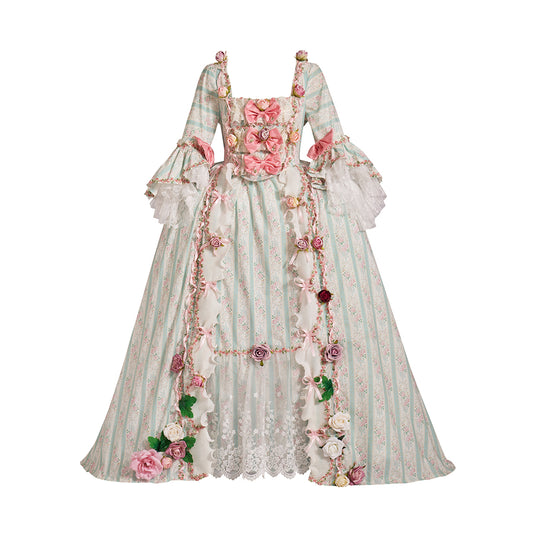 Rococo Style Pastel Striped Gown with Floral Embellishments for Historical Reenactments Royal Court Themed Gatherings Halloween Christmas