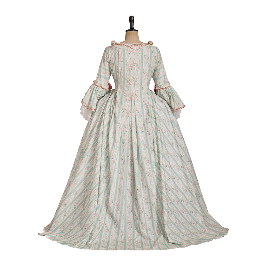 Rococo Style Pastel Striped Gown with Floral Embellishments for Historical Reenactments Royal Court Themed Gatherings Halloween Christmas