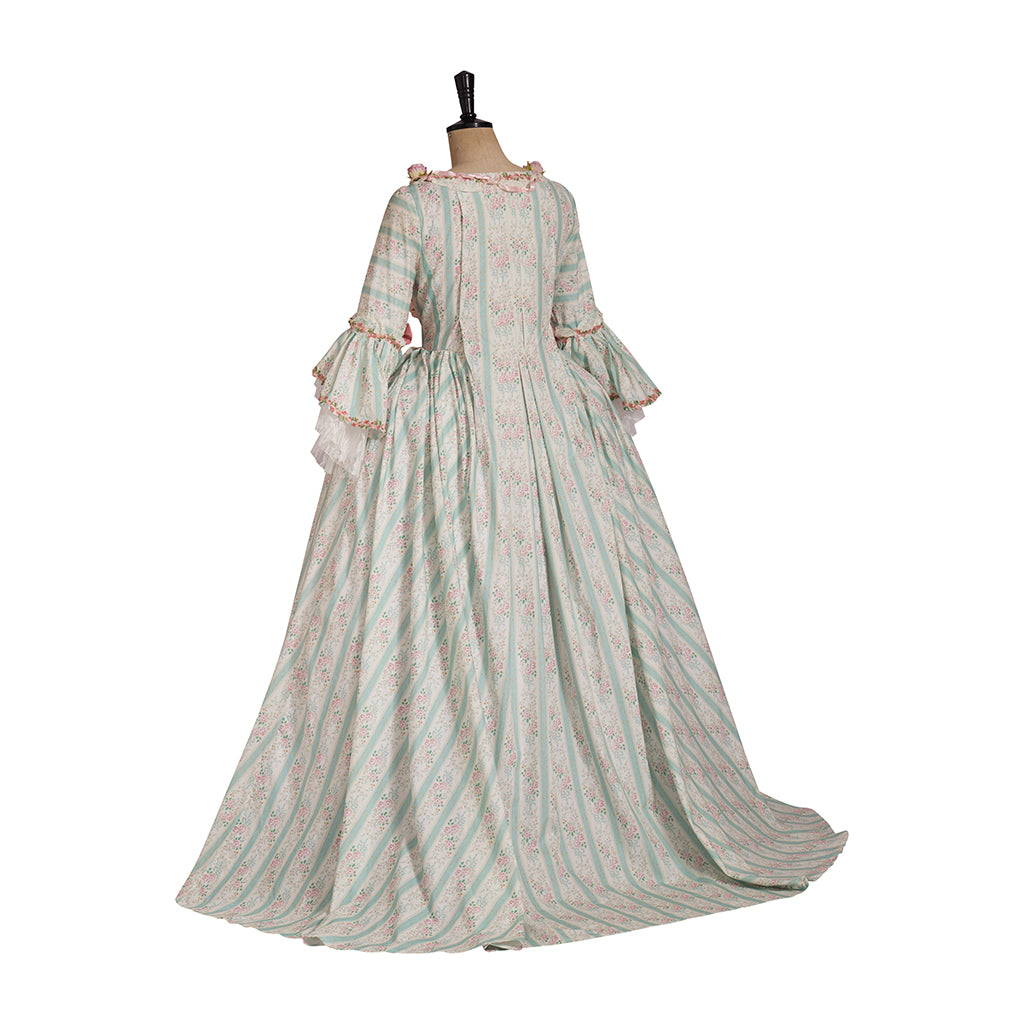Rococo Style Pastel Striped Gown with Floral Embellishments for Historical Reenactments Royal Court Themed Gatherings Halloween Christmas
