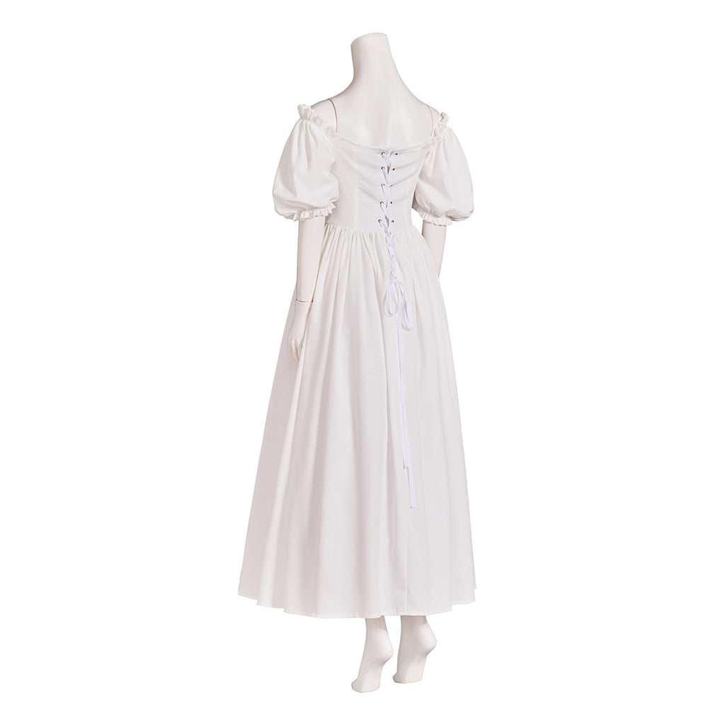Medieval Style Off-shoulder Puff-sleeved White Maxi Dress for Historical Reenactments Medieval Themed Gatherings Halloween Christmas
