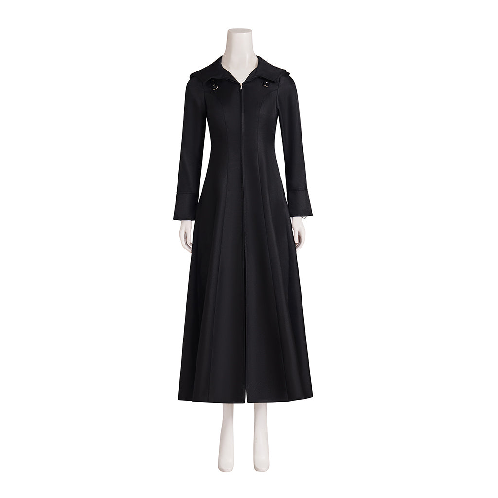 Medieval Style Black Long Sleeved Tailored Coat with Shirt Collar and Floor Length Design for Historical Reenactments Halloween Christmas