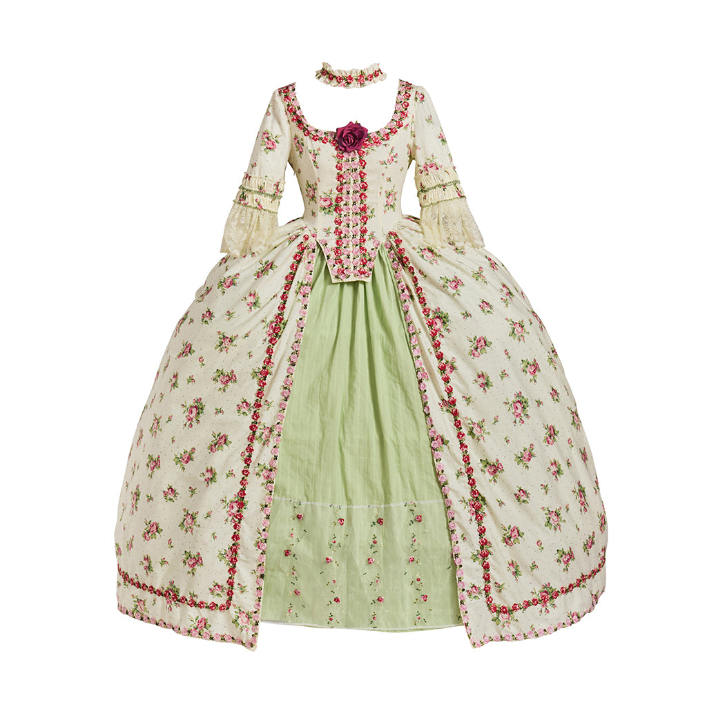 Rococo Style Floral Embroidered Elegant Ladies Gown with Corset Bodice and Full Skirt for Historical Reenactments Halloween Christmas