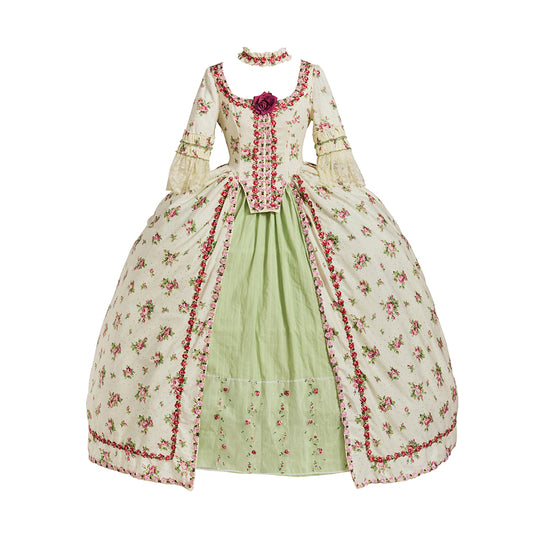 Rococo Style Floral Embroidered Elegant Ladies Gown with Corset Bodice and Full Skirt for Historical Reenactments Halloween Christmas