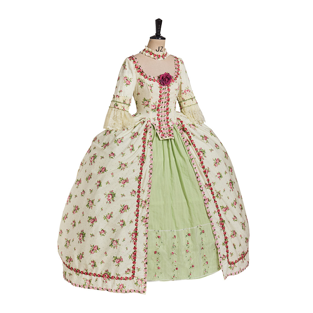Rococo Style Floral Embroidered Elegant Ladies Gown with Corset Bodice and Full Skirt for Historical Reenactments Halloween Christmas