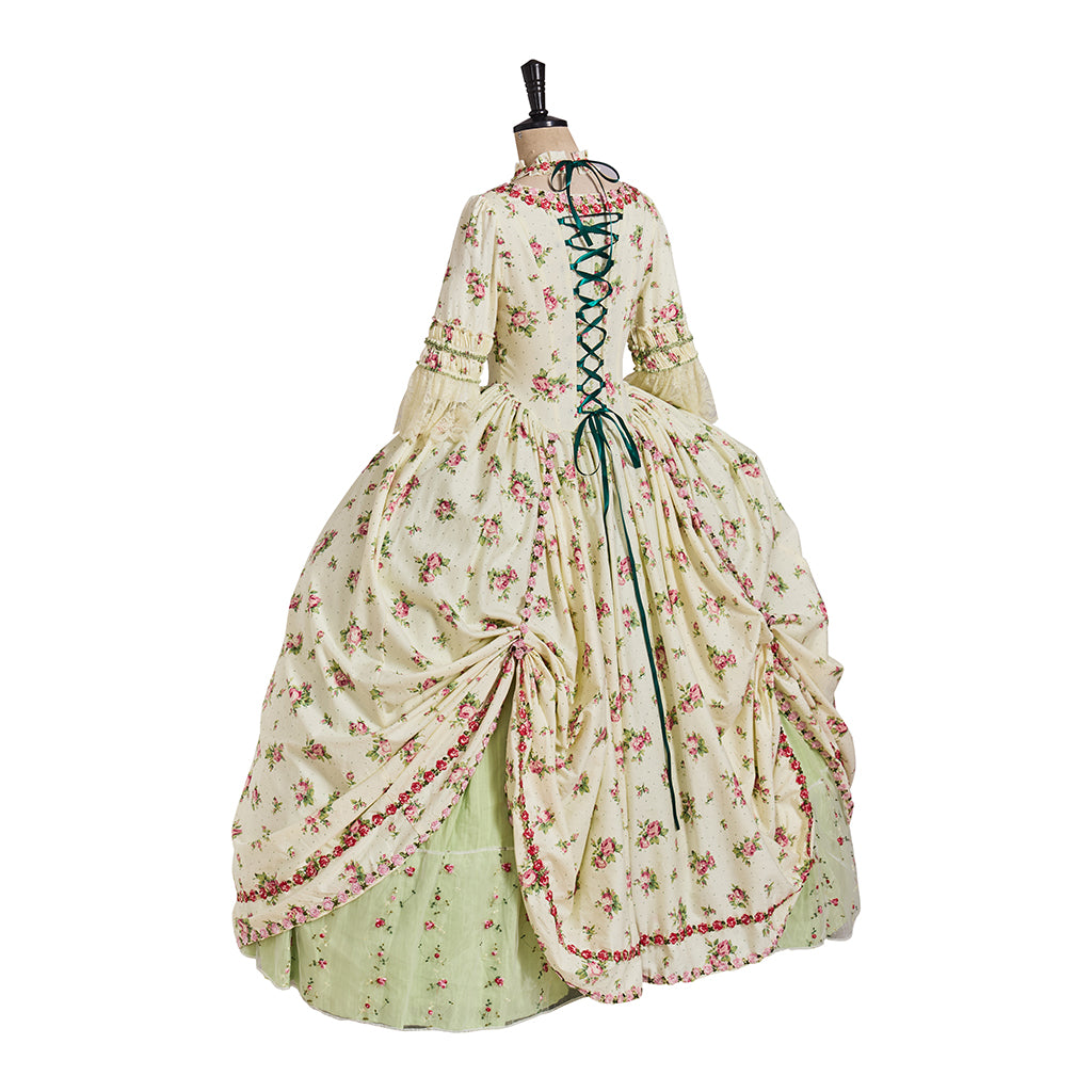Rococo Style Floral Embroidered Elegant Ladies Gown with Corset Bodice and Full Skirt for Historical Reenactments Halloween Christmas