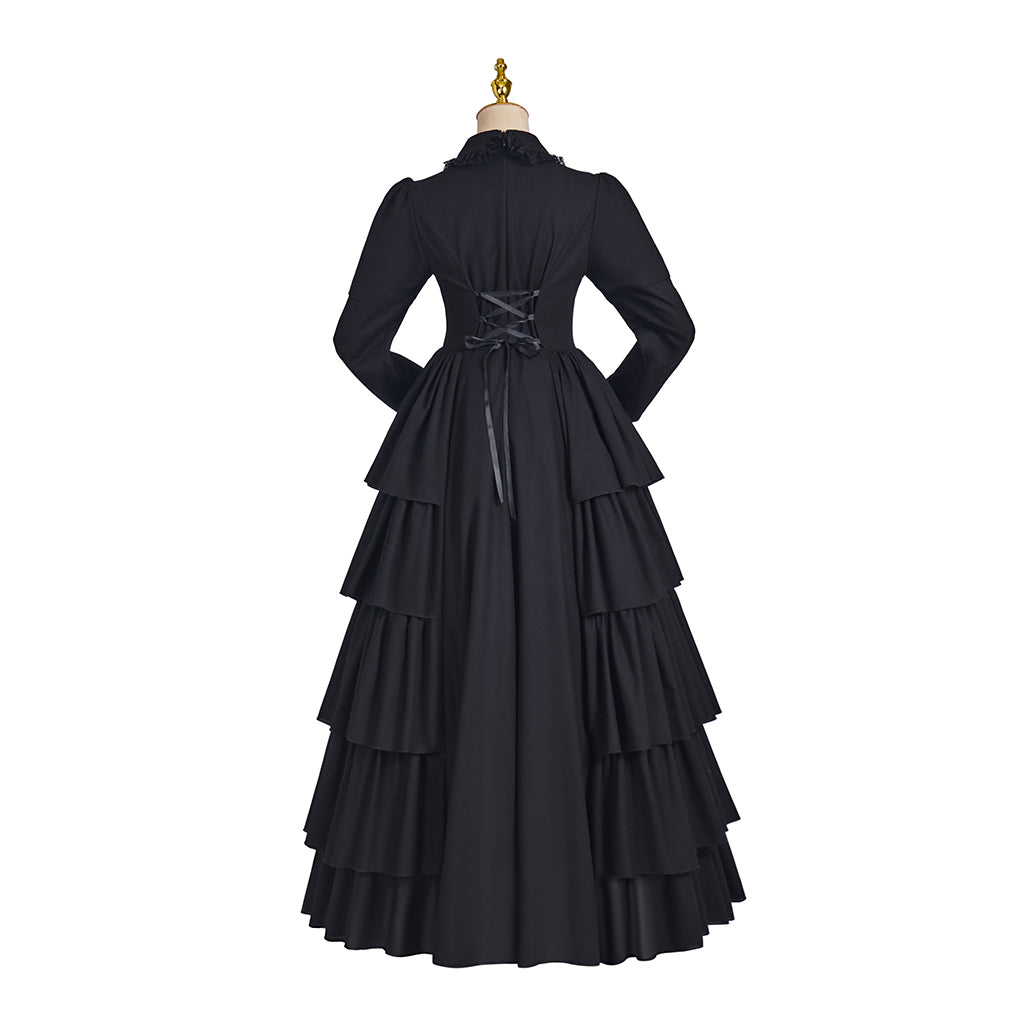 Medieval Style Black Tiered Ruffled Gown with High Collar and Neck Tie for Historical Reenactments Medieval Themed Gatherings Halloween Christmas