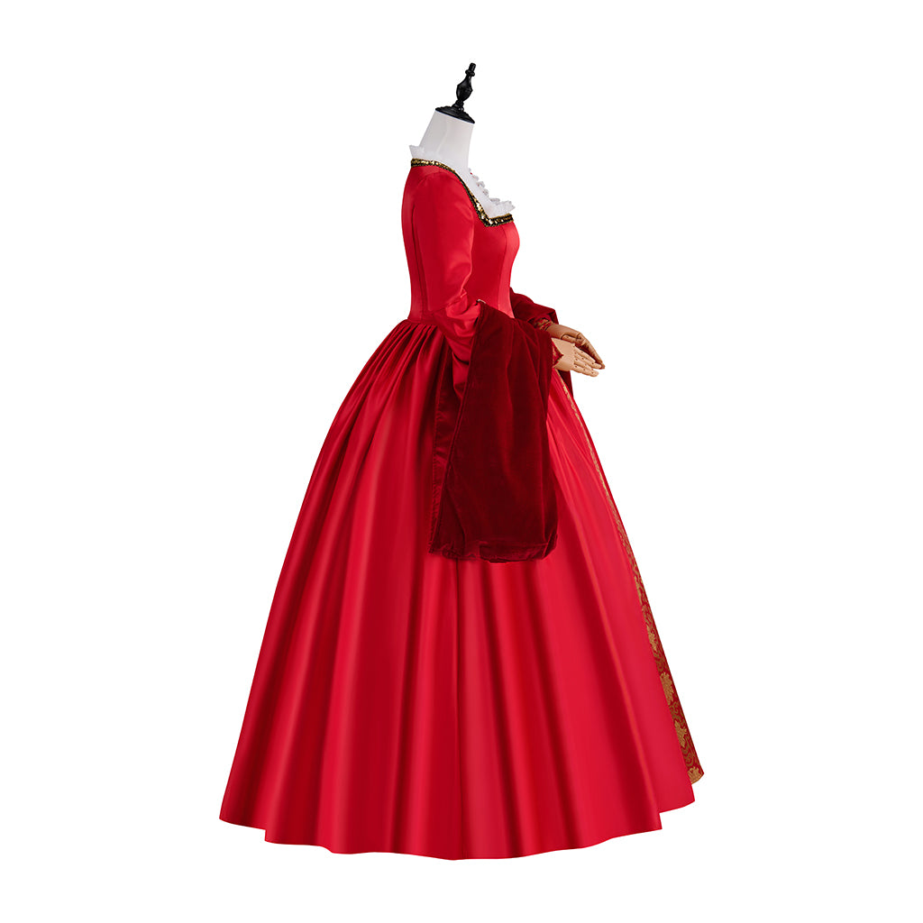 Medieval Red Velvet Square Neck Long Sleeve Gold Embroidered Ball Gown for Historical Reenactments Halloween and Christmas