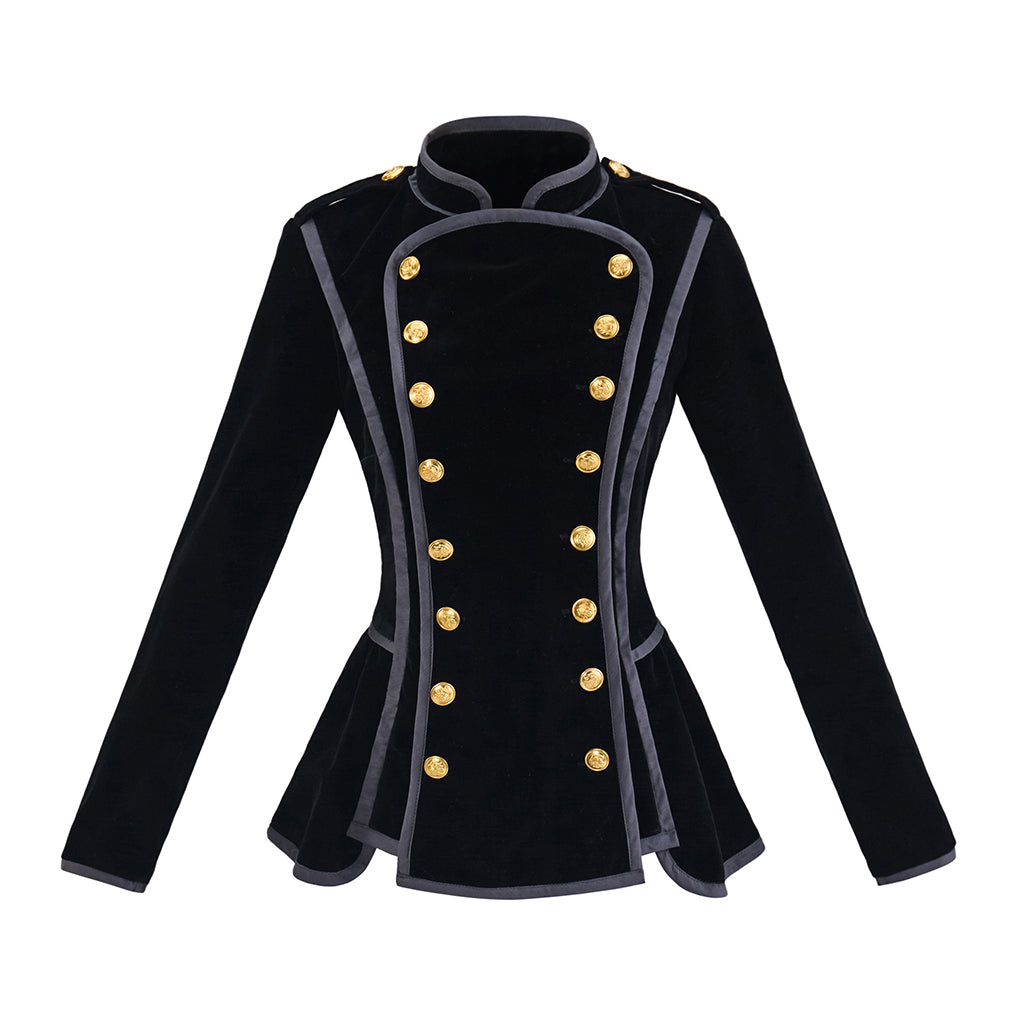 Medieval Style Black High Collared Jacket with Gold Buttons and Tailored Waist for Historical Reenactments Halloween Christmas