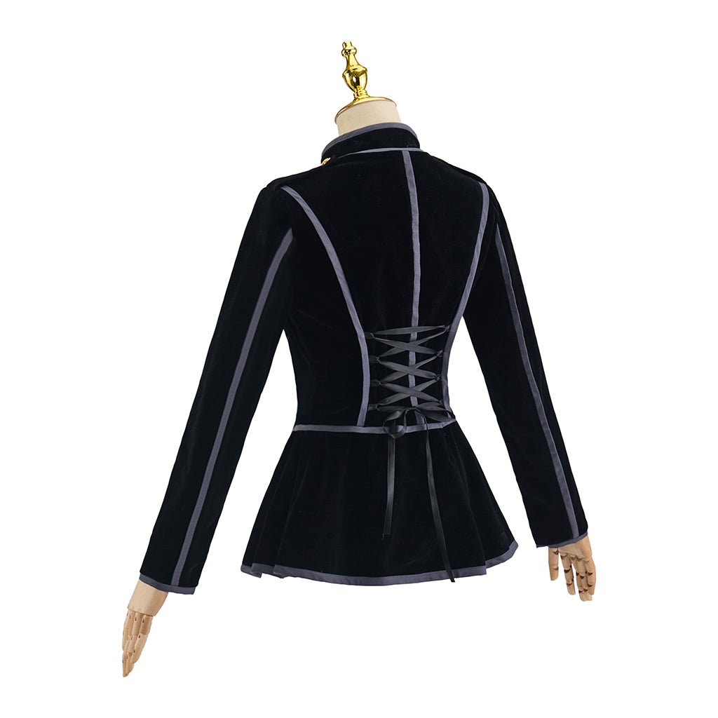 Medieval Style Black High Collared Jacket with Gold Buttons and Tailored Waist for Historical Reenactments Halloween Christmas