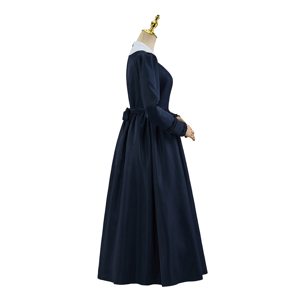 Medieval Style Navy Blue Long sleeved Dress with White Collar for Historical Reenactments Medieval Themed Gatherings Halloween Christmas