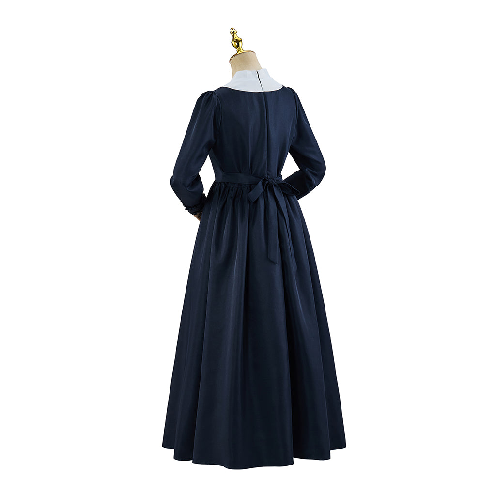 Medieval Style Navy Blue Long sleeved Dress with White Collar for Historical Reenactments Medieval Themed Gatherings Halloween Christmas