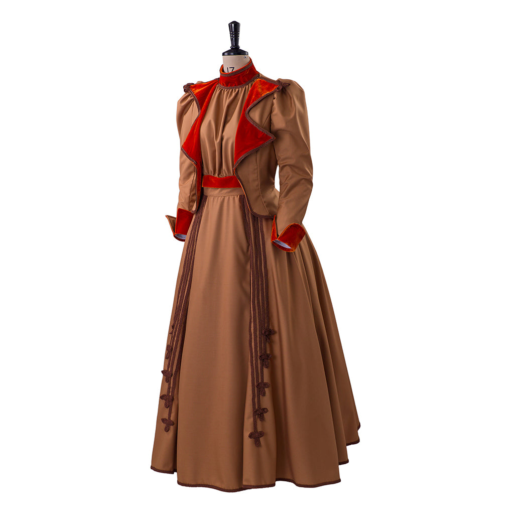 Medieval Style Brown Gown with Red Trimmed Collar Cuffs for Historical Reenactments Cosplay Events Halloween Christmas