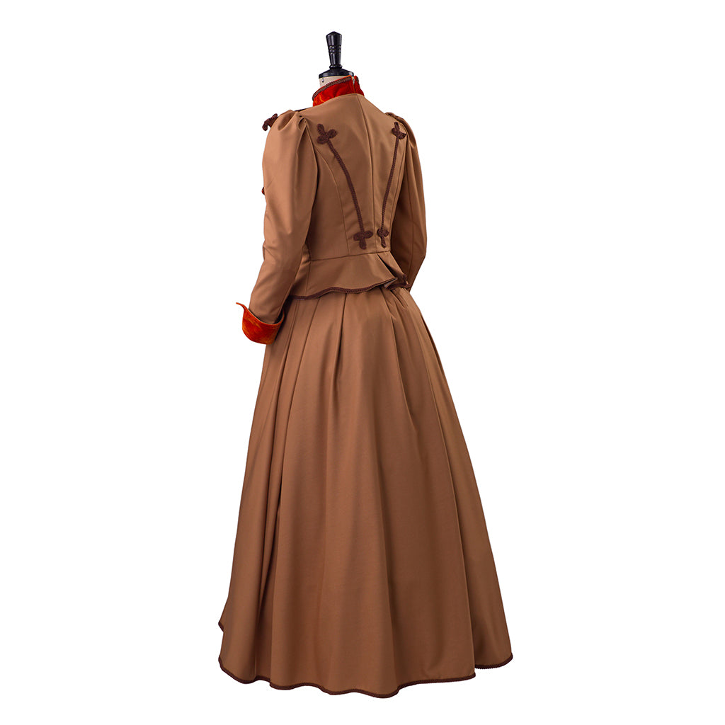 Medieval Style Brown Gown with Red Trimmed Collar Cuffs for Historical Reenactments Cosplay Events Halloween Christmas