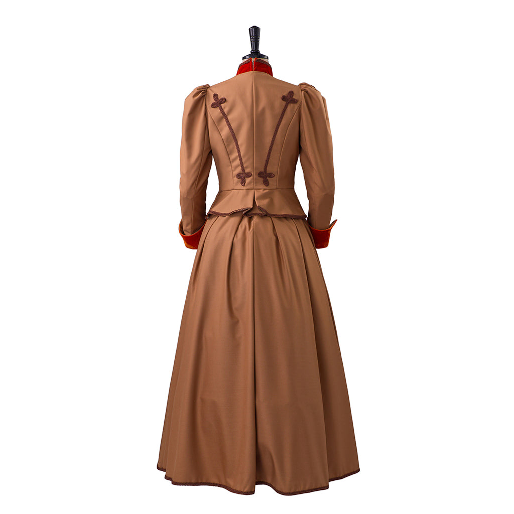 Medieval Style Brown Gown with Red Trimmed Collar Cuffs for Historical Reenactments Cosplay Events Halloween Christmas
