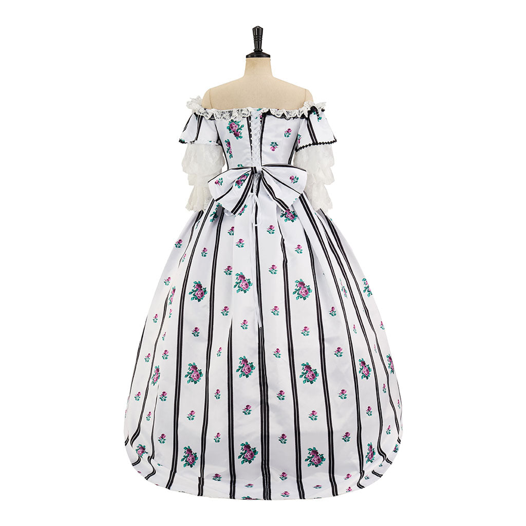 Rococo Style Printed Ball Gown with Matching Gloves for Historical Reenactments Cosplay Events Rococo Themed Gatherings Halloween Christmas