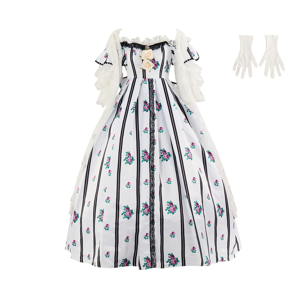 Rococo Style Printed Ball Gown with Matching Gloves for Historical Reenactments Cosplay Events Rococo Themed Gatherings Halloween Christmas