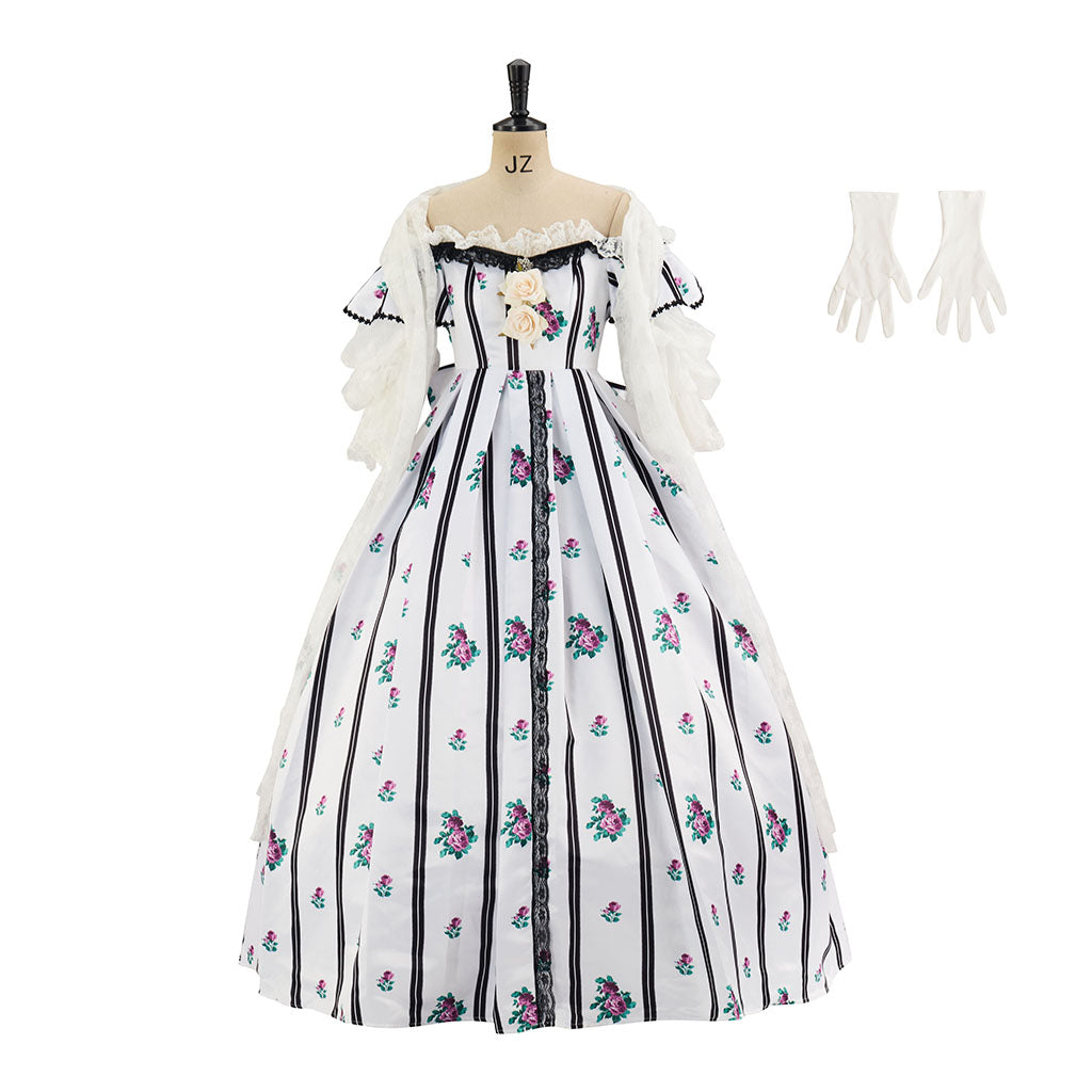 Rococo Style Printed Ball Gown with Matching Gloves for Historical Reenactments Cosplay Events Rococo Themed Gatherings Halloween Christmas