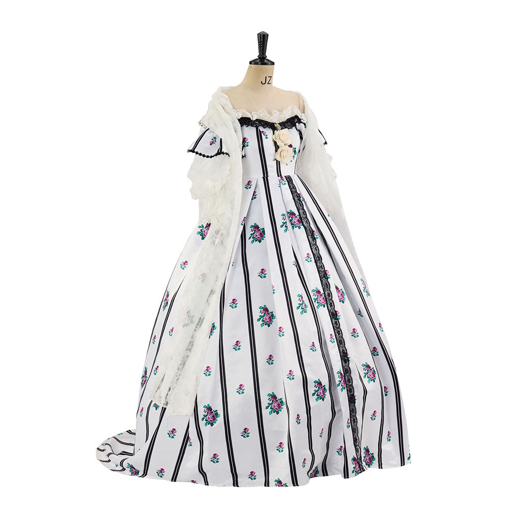 Rococo Style Printed Ball Gown with Matching Gloves for Historical Reenactments Cosplay Events Rococo Themed Gatherings Halloween Christmas