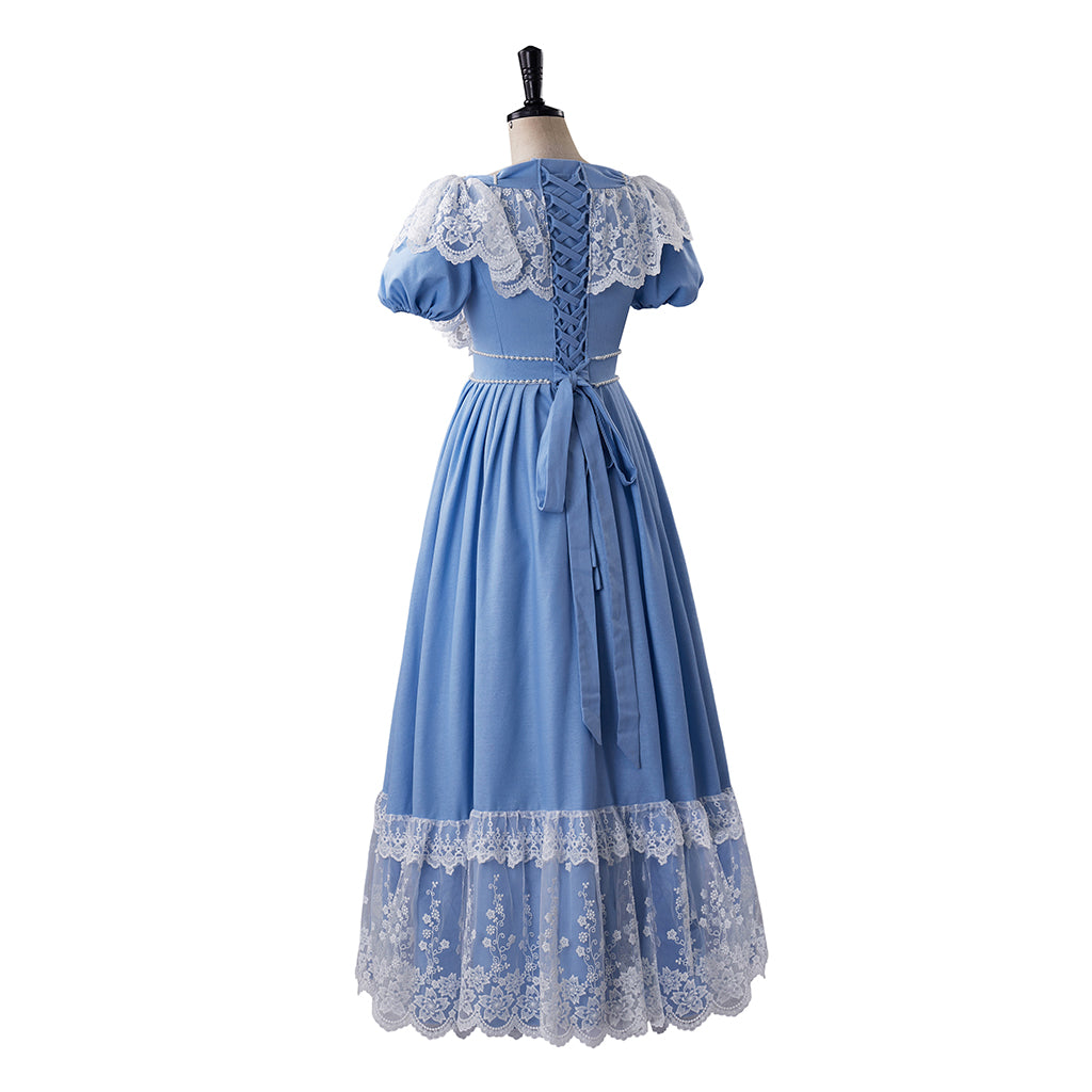 Medieval Style Light Blue Gown with Lace Trimmed Square Neck Short Sleeves and Hem for Historical Reenactments Cosplay Events Halloween Christmas