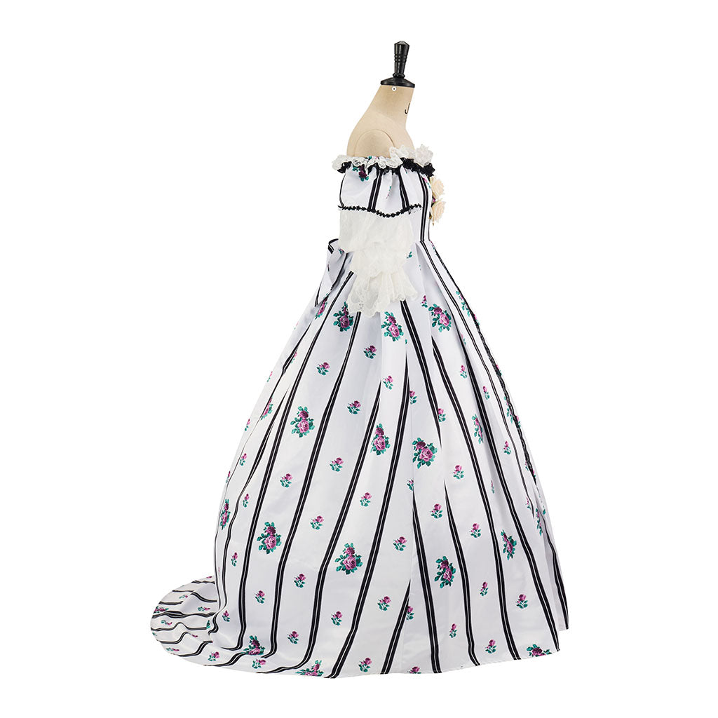 Rococo Style Printed Ball Gown with Matching Gloves for Historical Reenactments Cosplay Events Rococo Themed Gatherings Halloween Christmas