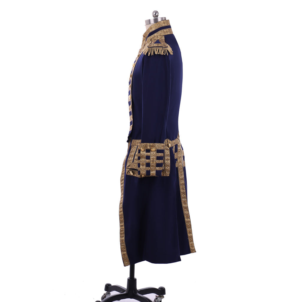 Medieval Men's Navy Blue and Gold Empire Military Coat with Ornate Gold Accents Cosplay Stage Costume Adult Halloween Christmas Party Themed Outfit