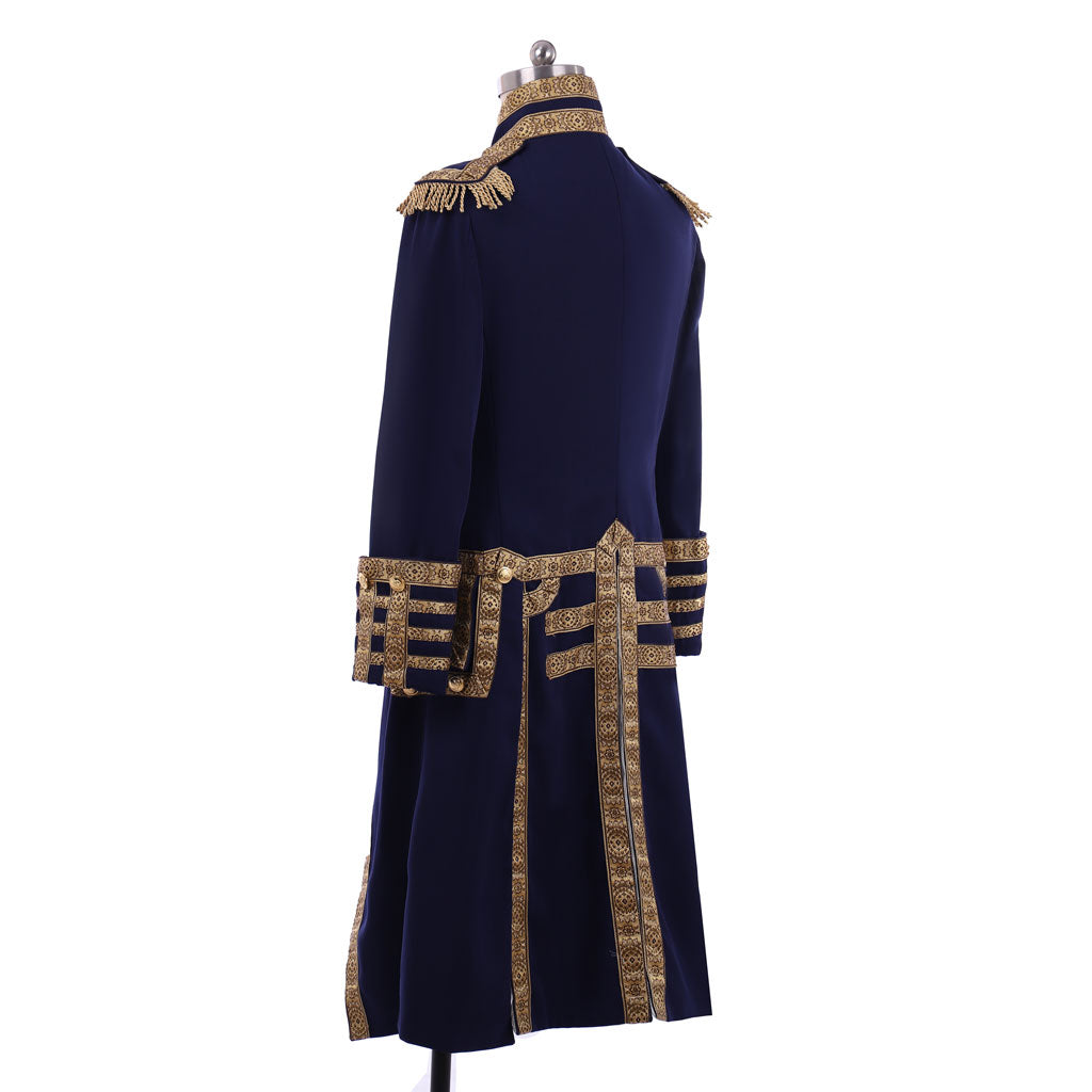 Medieval Men's Navy Blue and Gold Empire Military Coat with Ornate Gold Accents Cosplay Stage Costume Adult Halloween Christmas Party Themed Outfit