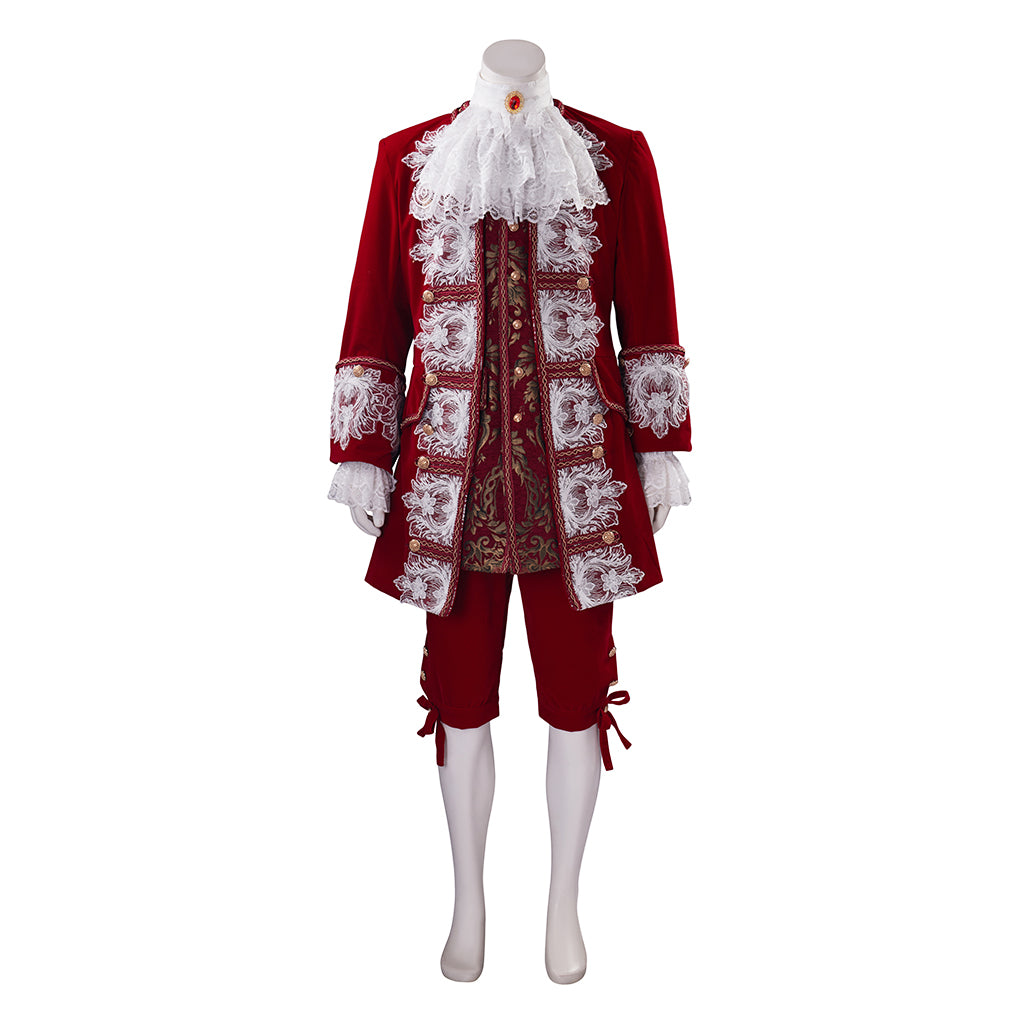Medieval Royal Crimson Velvet Court Suit with White Lace Ruffles Ornate Embroidery for Historical Reenactments Cosplay Events Halloween Christmas