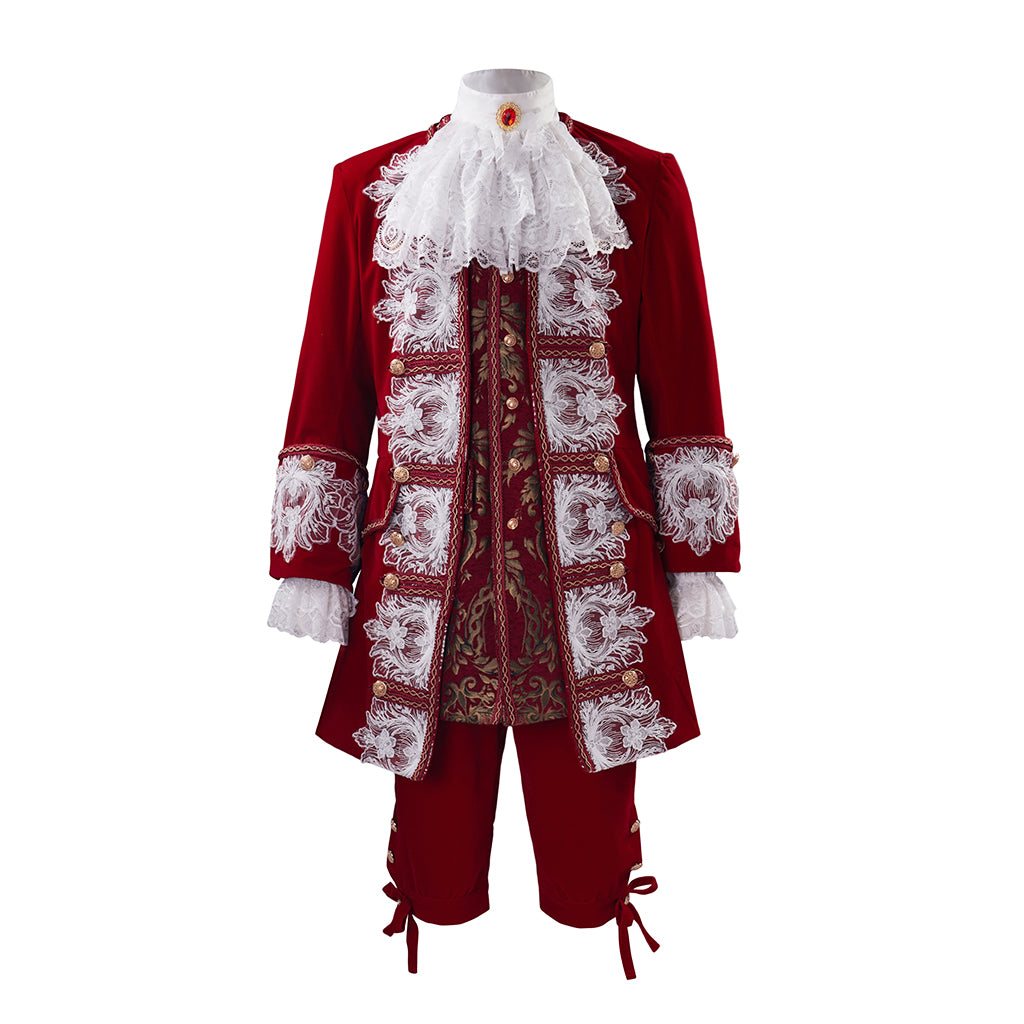 Medieval Royal Crimson Velvet Court Suit with White Lace Ruffles Ornate Embroidery for Historical Reenactments Cosplay Events Halloween Christmas