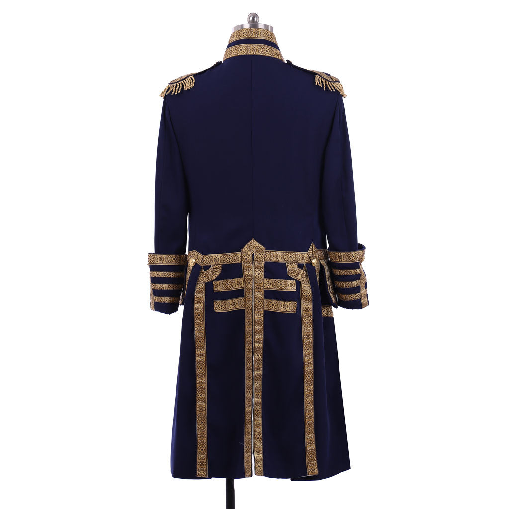 Medieval Men's Navy Blue and Gold Empire Military Coat with Ornate Gold Accents Cosplay Stage Costume Adult Halloween Christmas Party Themed Outfit