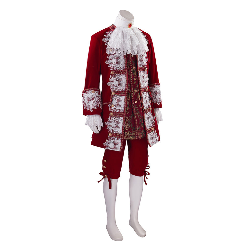 Medieval Royal Crimson Velvet Court Suit with White Lace Ruffles Ornate Embroidery for Historical Reenactments Cosplay Events Halloween Christmas