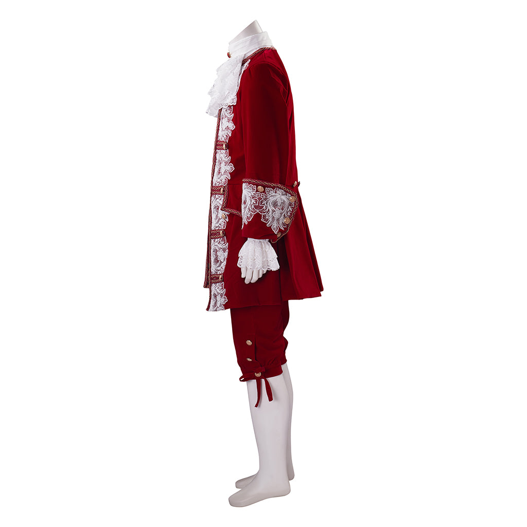 Medieval Royal Crimson Velvet Court Suit with White Lace Ruffles Ornate Embroidery for Historical Reenactments Cosplay Events Halloween Christmas