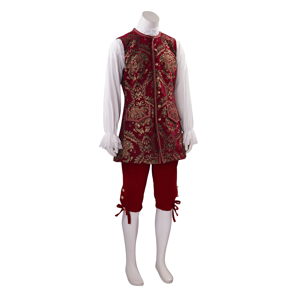 Medieval Royal Crimson Velvet Court Suit with White Lace Ruffles Ornate Embroidery for Historical Reenactments Cosplay Events Halloween Christmas