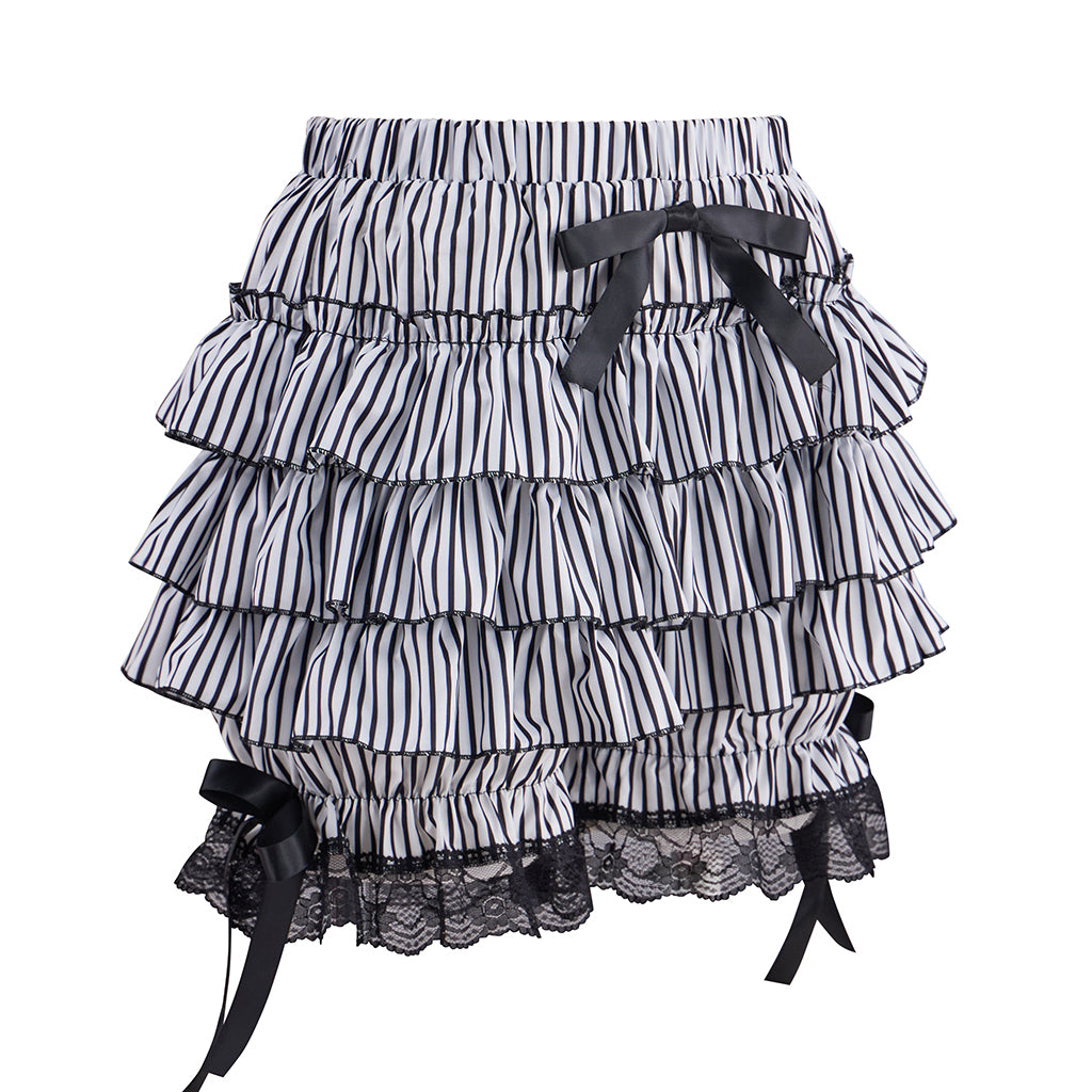 Medieval Victorian Black White Striped Ruffled Bow Detailed Noble Skirt for Historical Reenactments Renaissance Halloween and Christmas