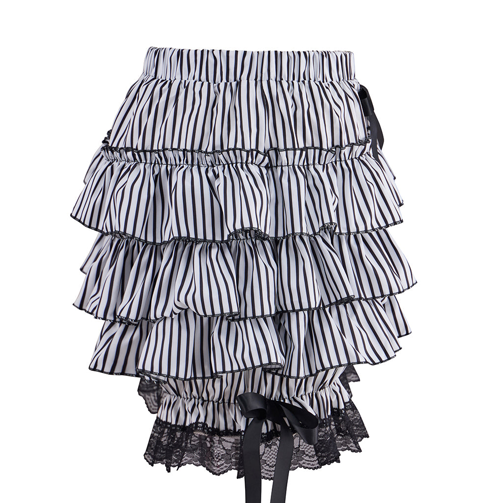 Medieval Victorian Black White Striped Ruffled Bow Detailed Noble Skirt for Historical Reenactments Renaissance Halloween and Christmas
