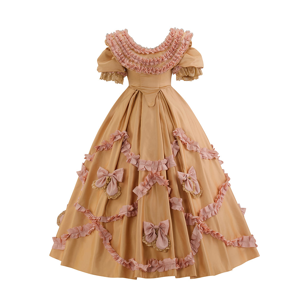 Victorian Style Peach Ruffled Ball Gown with Puffed Sleeves and Bow Accentsfor Historical Reenactments Medieval Themed Gatherings Halloween Christmas