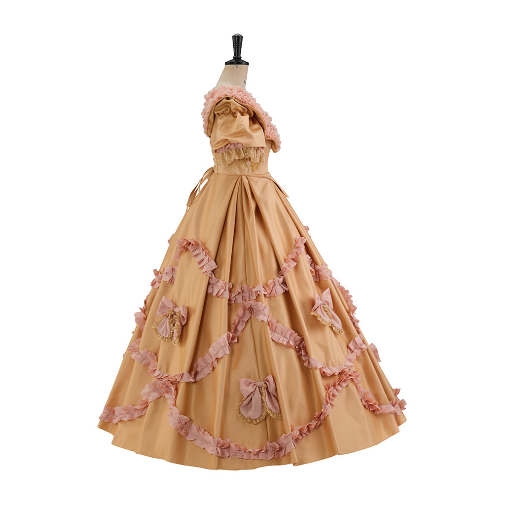 Victorian Style Peach Ruffled Ball Gown with Puffed Sleeves and Bow Accentsfor Historical Reenactments Medieval Themed Gatherings Halloween Christmas