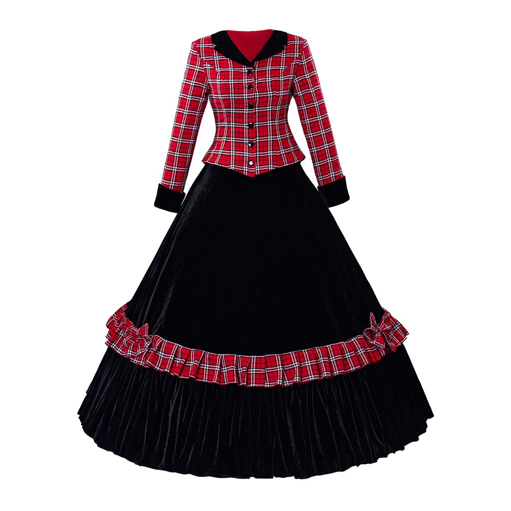 Medieval Style Red and Black Plaid Long Sleeved Dress with Black Full Skirt for Historical Reenactments Cosplay Events Halloween Christmas