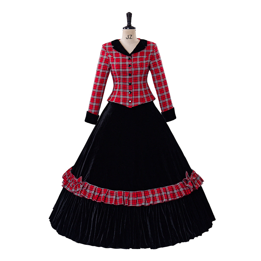 Medieval Style Red and Black Plaid Long Sleeved Dress with Black Full Skirt for Historical Reenactments Cosplay Events Halloween Christmas