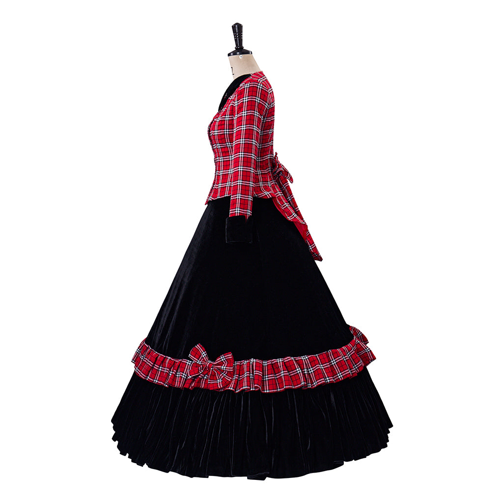 Medieval Style Red and Black Plaid Long Sleeved Dress with Black Full Skirt for Historical Reenactments Cosplay Events Halloween Christmas