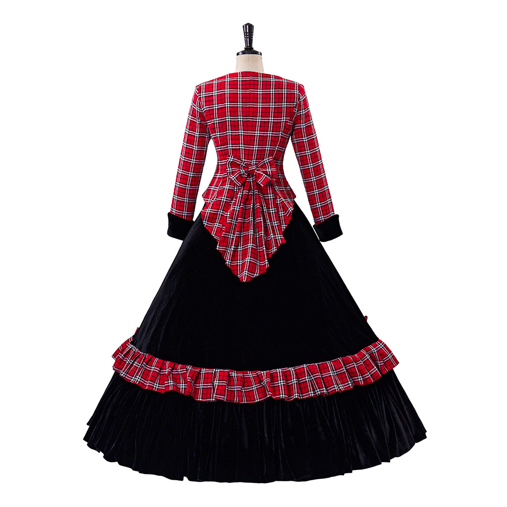 Medieval Style Red and Black Plaid Long Sleeved Dress with Black Full Skirt for Historical Reenactments Cosplay Events Halloween Christmas