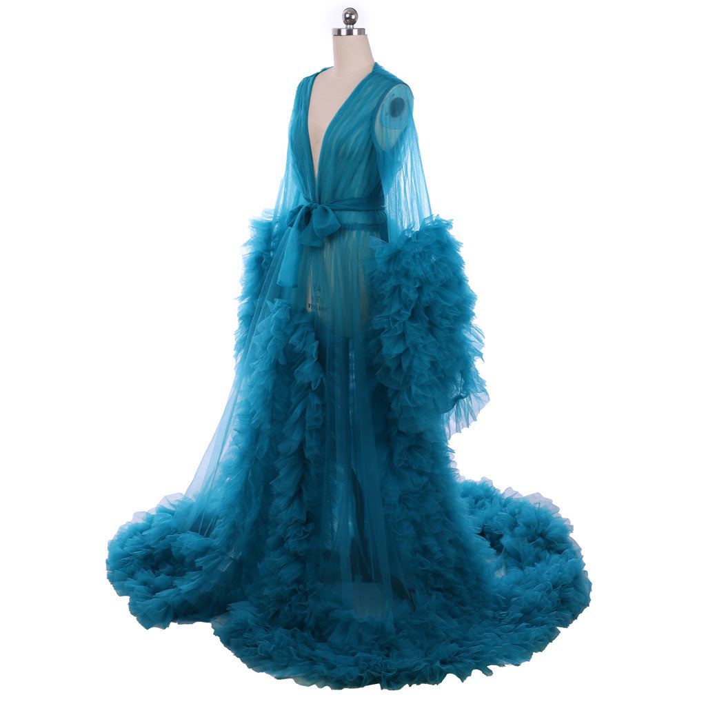 Medieval Tulle Robe Puffy Bridal Lingerie Bathgown Sheer Maternity Photoshoot Sexy Illusion Long Robe Nightgown Teal Regency Retro Renaissance Dress Women Cosplay Outfit Adult Ladies Halloween Dress