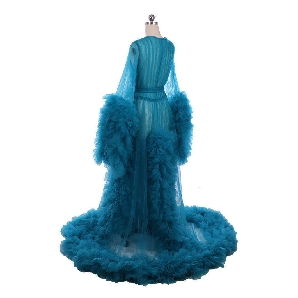 Medieval Tulle Robe Puffy Bridal Lingerie Bathgown Sheer Maternity Photoshoot Sexy Illusion Long Robe Nightgown Teal Regency Retro Renaissance Dress Women Cosplay Outfit Adult Ladies Halloween Dress