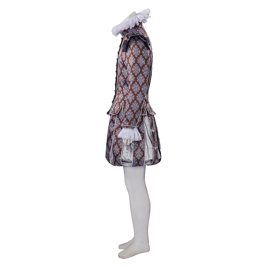 Medieval Style Diamond Patterned Brocade Jacket with Fur Trimmed Neckline Puffed Sleeves for Historical Reenactments Cosplay Events Halloween