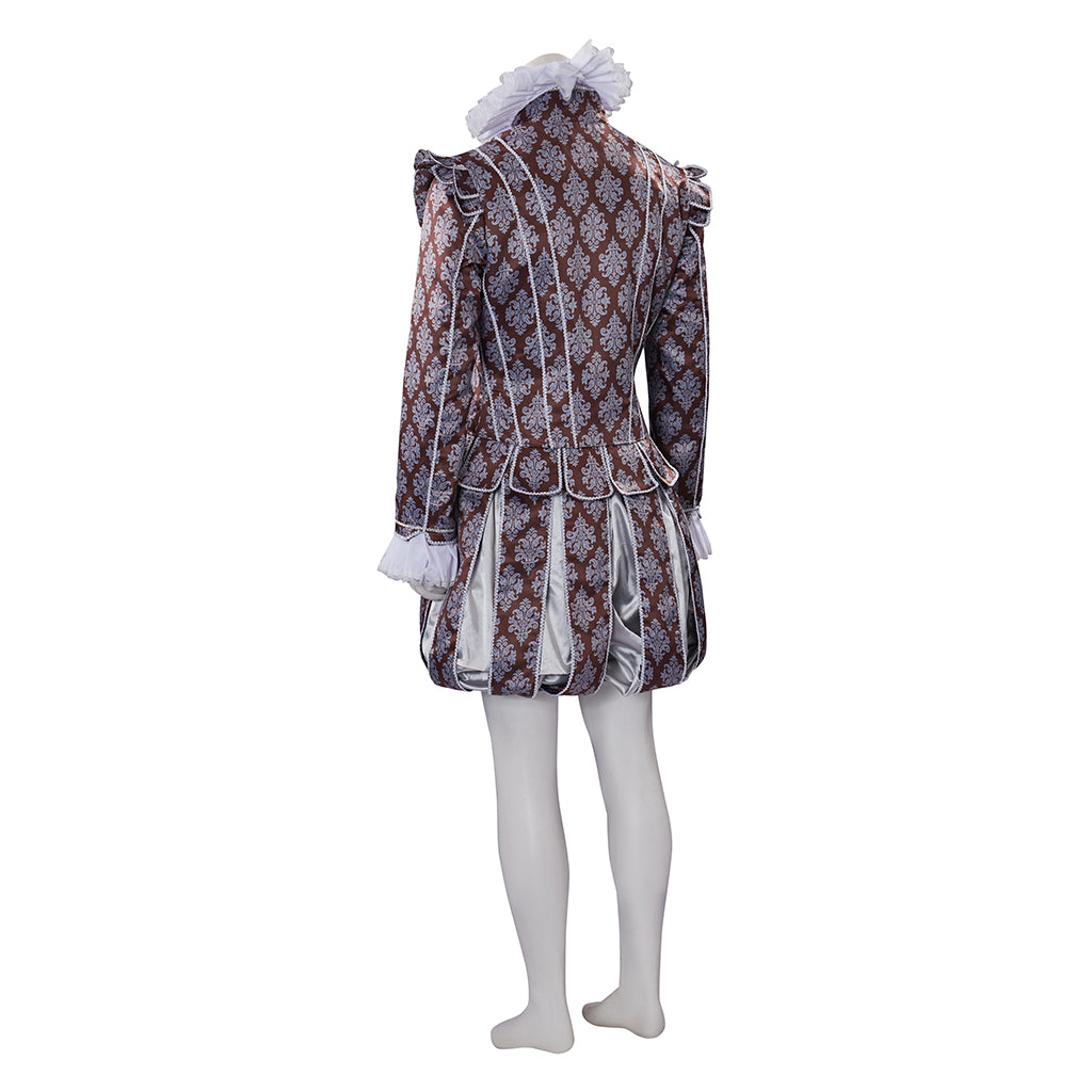 Medieval Style Diamond Patterned Brocade Jacket with Fur Trimmed Neckline Puffed Sleeves for Historical Reenactments Cosplay Events Halloween