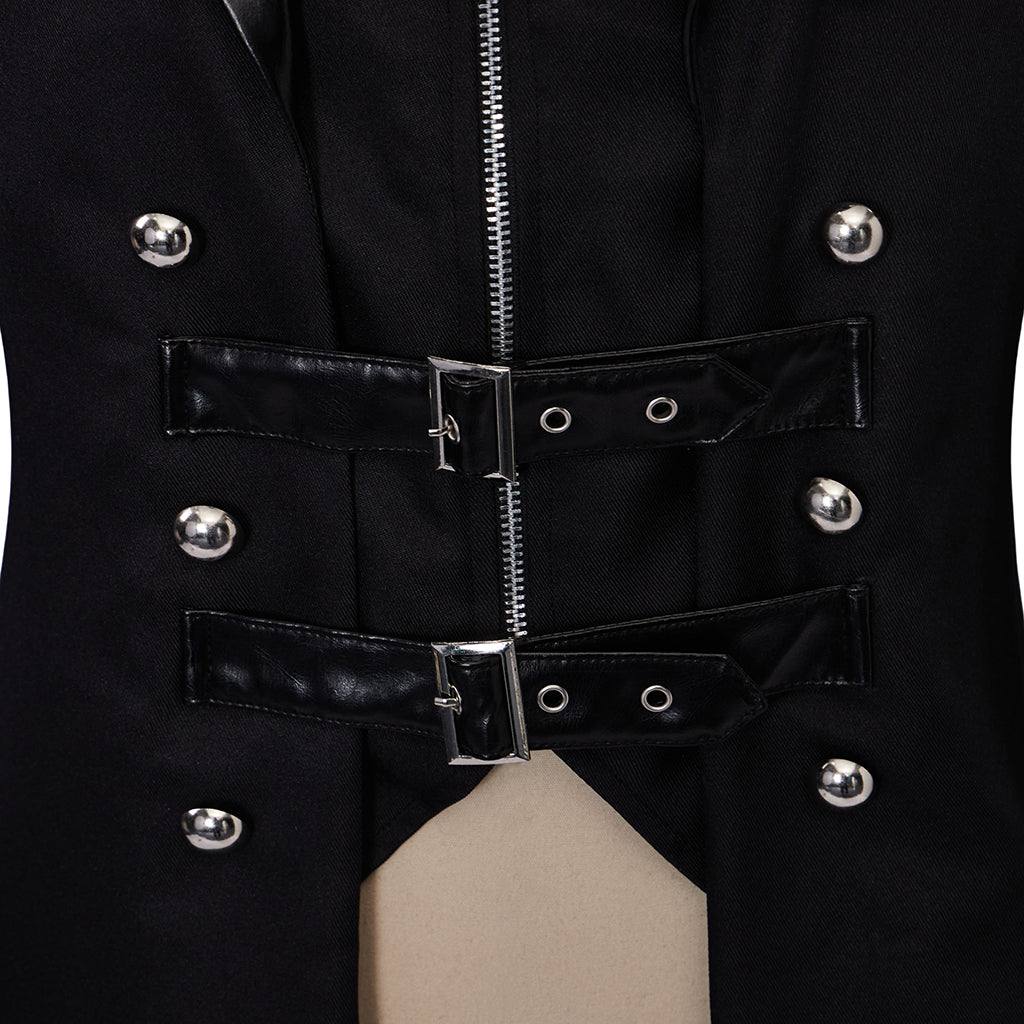 Medieval Style Black Long Coat with Shoulder Embellishments Metal Buttons Zipper for Historical Reenactments Cosplay Events Halloween